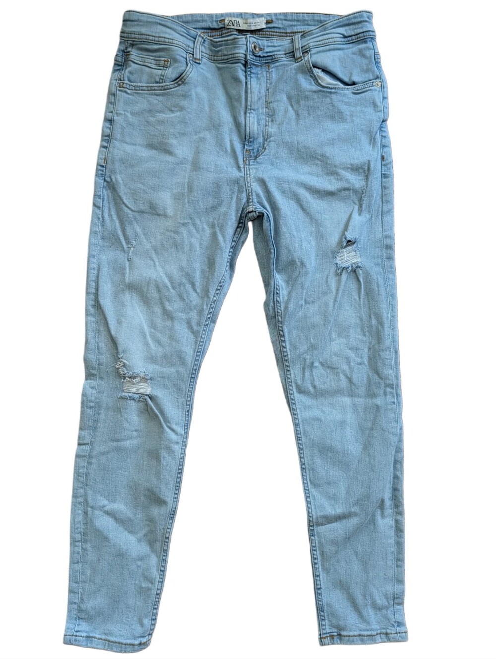 Zara Womens Light Blue Distressed Goth Punk Tapered Cropped Leg Jeans Size 34x26